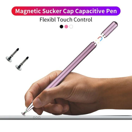 Universal Magnetic Stylus Pen for Tablets and Smartphones - slim rose gold magnetic disc-tip stylus held over tablet for precise note-taking and drawing