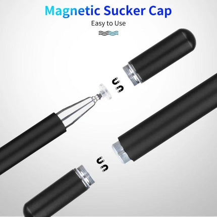 Universal Magnetic Stylus Pen for Tablets and Smartphones showing magnetic disc tip and cap for secure attachment