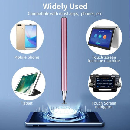 Universal Magnetic Stylus Pen for Tablets and Smartphones - pink disc-tip stylus shown with phone, tablet, touchscreen learning device and car navigator