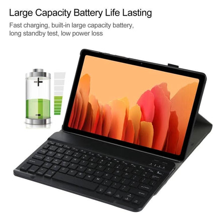 Bluetooth Backlit Keyboard Case for Samsung Galaxy Tab A7 10.4 2020 showing tablet in folio stand with backlit keys and large battery icon