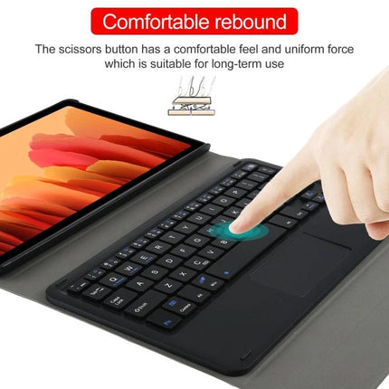 Detachable Bluetooth Keyboard Case for Samsung Galaxy Tab A7 10.4 Inch showing detachable keyboard with comfortable scissor keys and finger pressing key