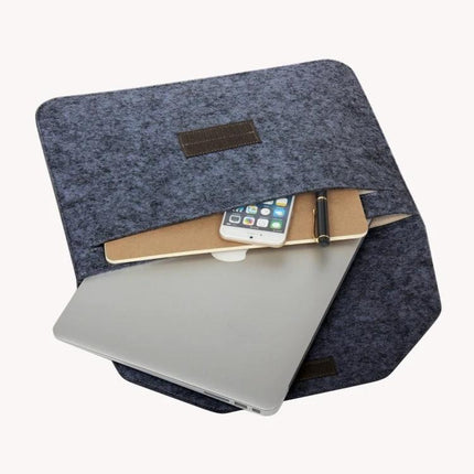Felt Sleeve Bag for 11.6 Inch Laptops and Tablets with Pockets showing laptop, phone and notebook in front pocket