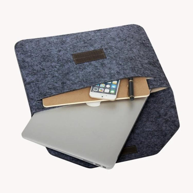 Felt Sleeve Bag for 11.6 Inch Laptops and Tablets with Pockets in gray felt showing laptop, phone, notebook and pen for students and commuters