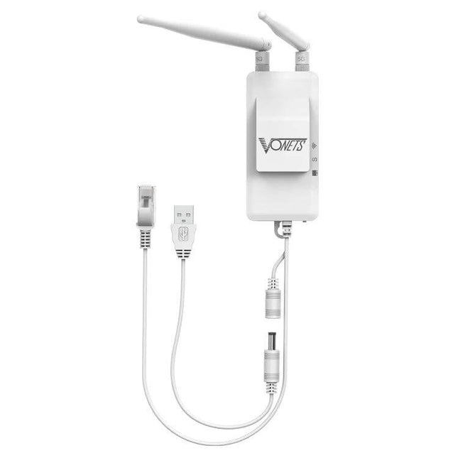 VONETS Mini Wireless Bridge for Home WiFi Extension white dual‑antenna unit with USB and Ethernet cables