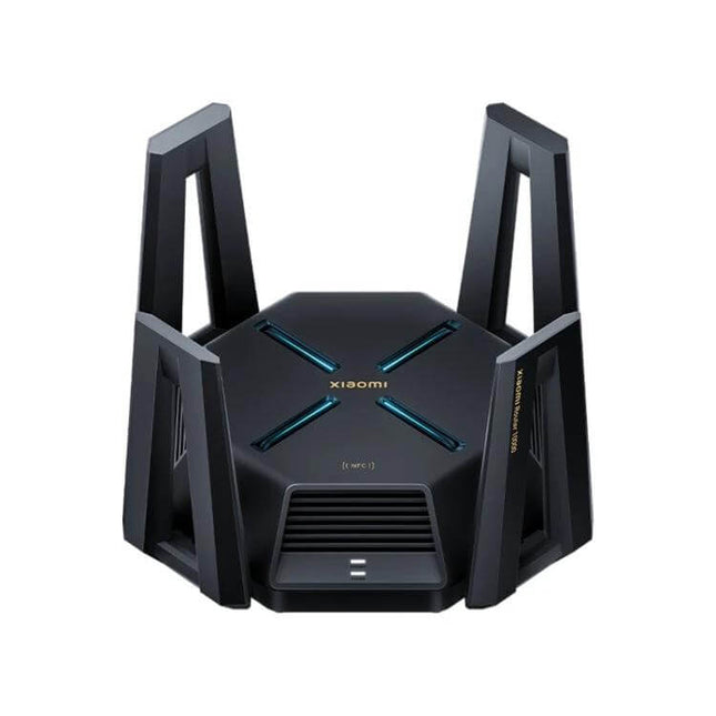 Xiaomi Tri-Band WiFi Router for Home Network Connectivity black angular design with four antennas and LED accents