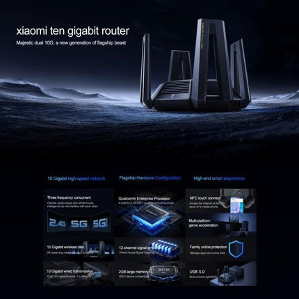 Xiaomi Tri-Band WiFi Router for Home Network Connectivity - sleek black ten-gigabit router with multiple antennas for streaming, gaming, remote work