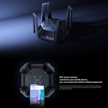 Xiaomi Tri-Band WiFi Router for Home Network Connectivity showing black multi-antenna router and phone demonstrating NFC touch connect