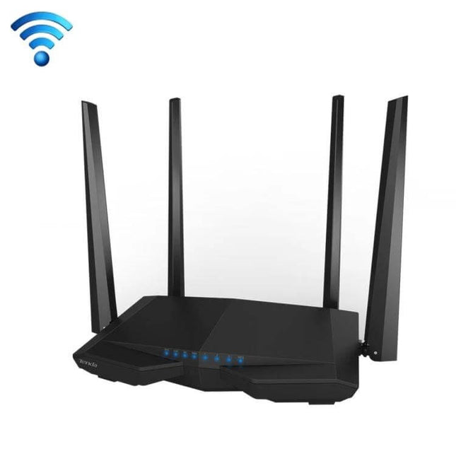 Tenda Dual-Band Wireless Router for Everyday Home Networking sleek black AC6 router with four external antennas and status LEDs
