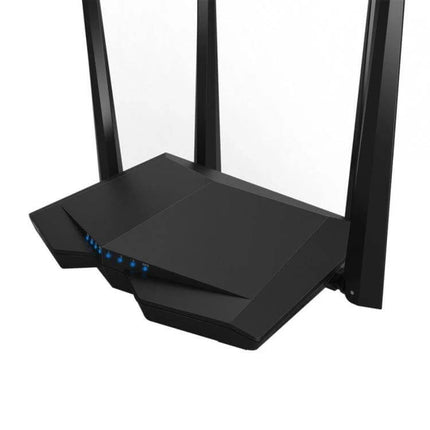 Tenda Dual-Band Wireless Router for Everyday Home Networking - black AC6 router with three external antennas and LED indicators, ideal for streaming and gaming
