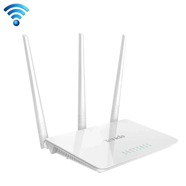 Tenda F3 Wireless Router for Everyday Home Networking white router with three 5dBi antennas and LED status lights