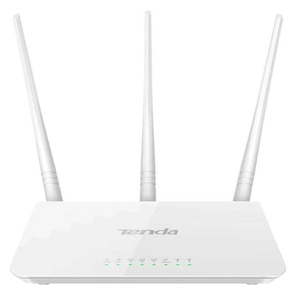 Tenda F3 Wireless Router for Everyday Home Networking white router with three 5dBi antennas showing LED indicators