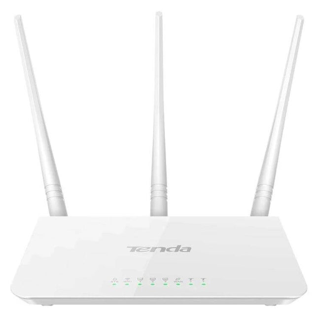 Tenda F3 Wireless Router for Everyday Home Networking white router with three 5dBi antennas showing LED indicators