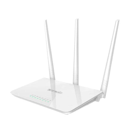 Tenda F3 Wireless Router for Everyday Home Networking white router with three high-gain antennas and LED indicators