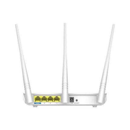 Tenda F3 Wireless Router for Everyday Home Networking rear view with three 5dBi antennas and four yellow LAN ports