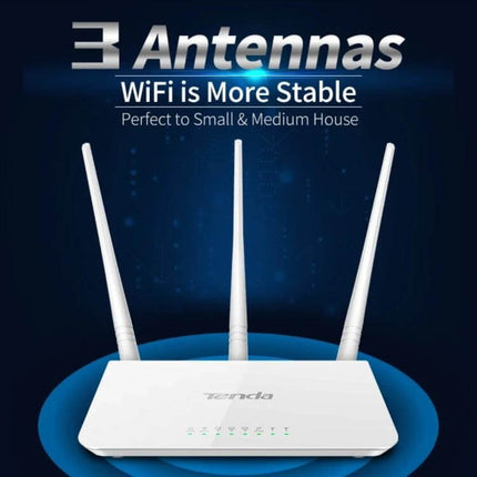 Tenda F3 Wireless Router for Everyday Home Networking white router with three antennas showing LED status lights