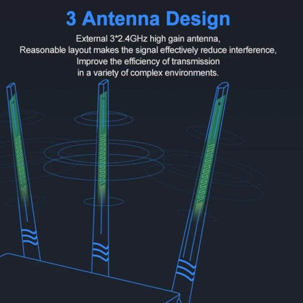 Tenda F3 Wireless Router for Everyday Home Networking showing three 5dBi high-gain antennas and extended WiFi coverage