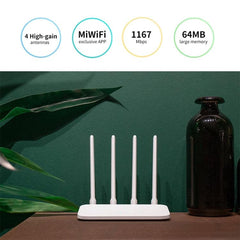 Enrutador WiFi original Xiaomi 4A Control de aplicación inteligente AC1200 1167Mbps 64MB 2.4GHz y 5GHz Repetidor de enrutador inalámbrico con 4 antenas, compatible con Web, Android e iOS, enchufe de EE. UU.