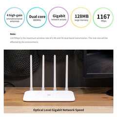 Xiaomi AC1200 Dual-Band Wireless Router with Smart APP Control, 128MB Memory, 1167Mbps Speed, 4 Antennas, and Gigabit Ports - US Plug