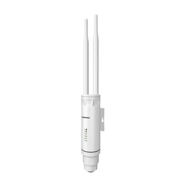 COMFAST Outdoor Waterproof Wireless Router for Extended Coverage mounted outdoor unit with dual antennas and status LEDs