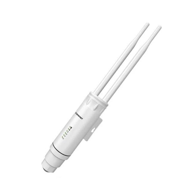 COMFAST Outdoor Waterproof Wireless Router for Extended Coverage white cylindrical outdoor router with dual long antennas and mounting bracket
