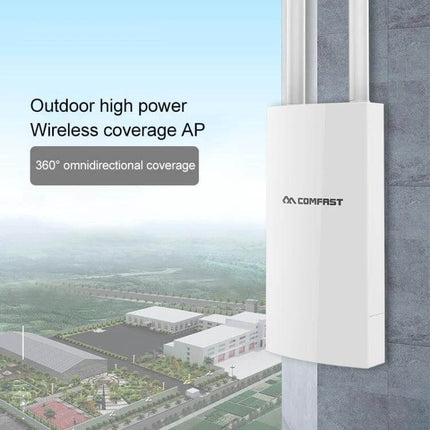 COMFAST CF-EW72 Outdoor Waterproof WiFi Extender for North America mounted on exterior wall, two 5dBi antennas, outdoor omnidirectional coverage