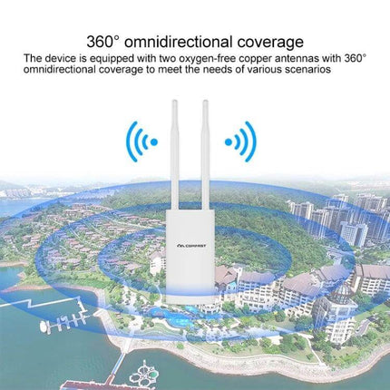 COMFAST CF-EW72 Outdoor Waterproof WiFi Extender for North America mounted with two external antennas providing 360° outdoor coverage