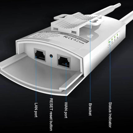 COMFAST CF-EW72 Outdoor Waterproof WiFi Extender for North America showing WAN and LAN ports, reset button, bracket and status indicators