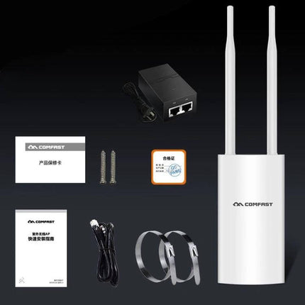 COMFAST CF-EW72 Outdoor Waterproof WiFi Extender for North America with two external antennas and mounting accessories on dark background