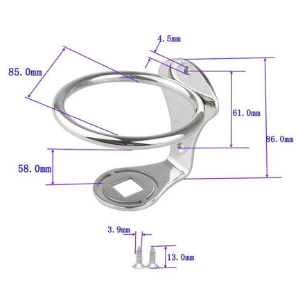 Yacht Cup Holder in Stainless Steel for Boat Decks and Onboard Use - 304 stainless steel polished deck-mounted cup holder with dimensions shown