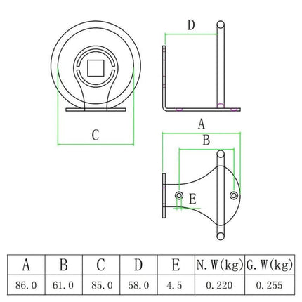 Yacht Cup Holder in Stainless Steel for Boat Decks and Onboard Use - technical drawing with dimensions A B C D E and weight specs