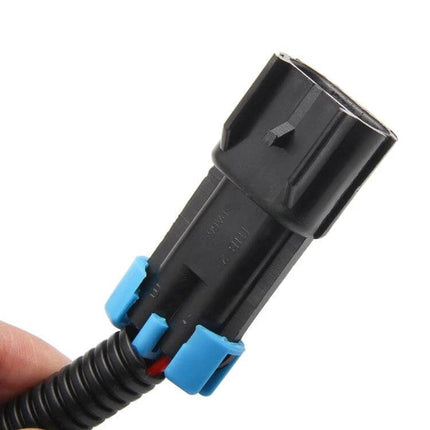Electric Fuel Pump For Mercury Mercruiser Carbureted Engines replacement wiring connector showing black plug with blue clips and corrugated protective sleeve
