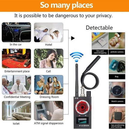 K18 Wireless Signal and Camera Detector for Privacy Protection scanning hotel rooms, cars, dressing rooms and offices for hidden cameras and RF signals