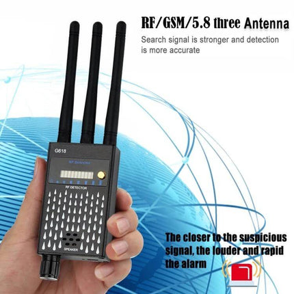 Wireless Signal Detector for WiFi and Hidden Camera Detection handheld device with three antennas scanning for hidden cameras and GPS trackers
