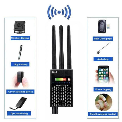 Wireless Signal Detector for WiFi and Hidden Camera Detection handheld RF detector with three antennas for finding hidden cameras, bugs and GPS trackers