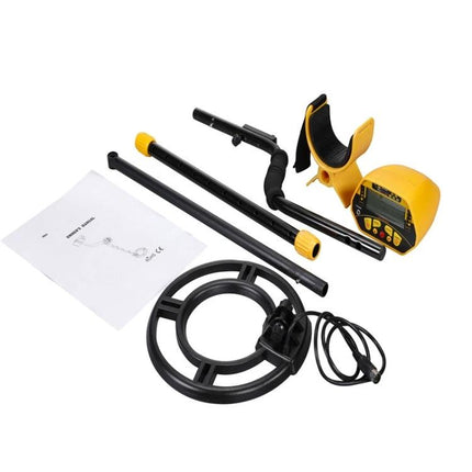 Underground Metal Detector for Treasure Hunting and Metal Detection - yellow detector with coil, armrest, pole and manual for park or beach searching