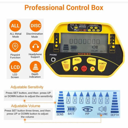 Underground Metal Detector for Treasure Hunting and Metal Detection - yellow professional control box with LCD and adjustable sensitivity