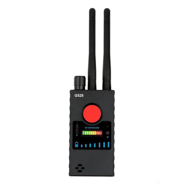 Wireless Signal Detector for Everyday Privacy Scanning black dual-antenna RF detector device with signal bars and red alert button