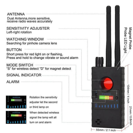 Wireless Signal Detector for Everyday Privacy Scanning dual antenna handheld device with sensitivity adjuster and signal indicator