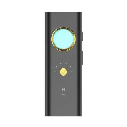 Handheld GPS and WiFi Signal Detector for Privacy Security - slim black handheld unit with gold-plated antenna ring and control dial