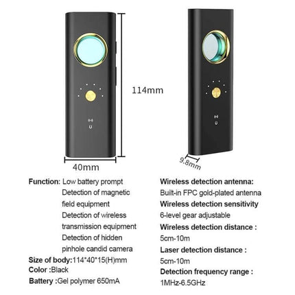 Handheld GPS and WiFi Signal Detector for Privacy Security - compact black scanner with FPC gold-plated antenna and detection specs