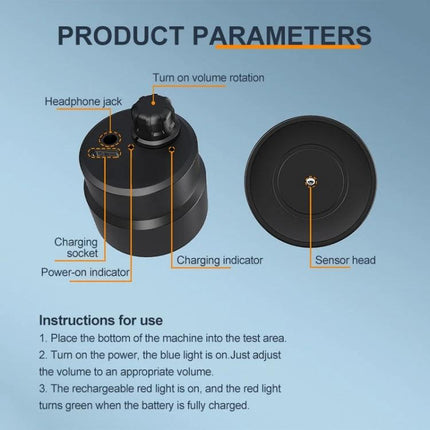 High Strength Pipe Leak Detector for Construction Use showing device parts: headphone jack, charging socket, power-on indicator, knob, charging indicator, sensor head