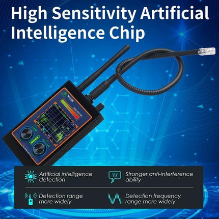 Radio Wave Detector for Everyday Signal Scanning with LED Indicator handheld unit with antenna and flex probe shown on blue tech background