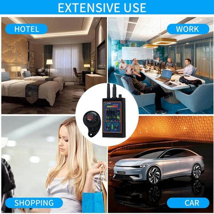 Radio Wave Detector for Everyday Signal Scanning with LED Indicator showing use in hotel, office, shopping and car environments