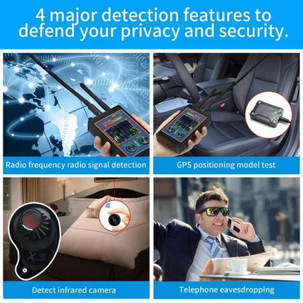 Radio Wave Detector for Everyday Signal Scanning with LED Indicator in car, hotel room, and public settings showing detection features