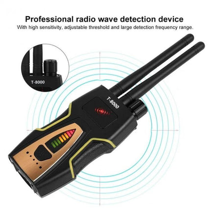 Portable RF Signal Detector for Hidden Bugs and GPS Devices shown scanning frequencies 1MHz–8000MHz, handheld bug and GPS tracker finder for travel and home security