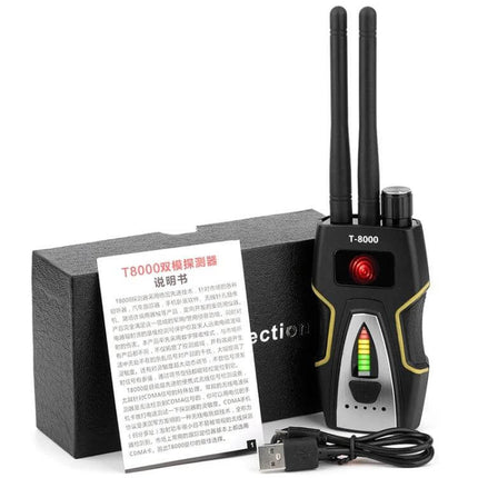 Portable RF Signal Detector for Hidden Bugs and GPS Devices - handheld T-8000 with dual antennas, LED signal meter, USB cable and storage box