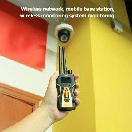 Portable RF Signal Detector for Hidden Bugs and GPS Devices handheld unit detecting wireless camera near ceiling in a room