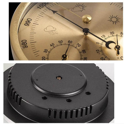 Wall Hanging Three-In-One Weather Station Thermometer, Hygrometer, Barometer brass dial close-up showing thermometer hygrometer barometer and rear mounting