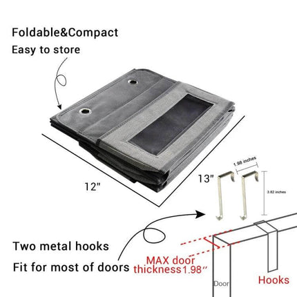 Wall-Mounted Fabric Storage Bag For Wardrobe Doors Gray 4-Grids folded with two metal hooks showing measurements and door installation