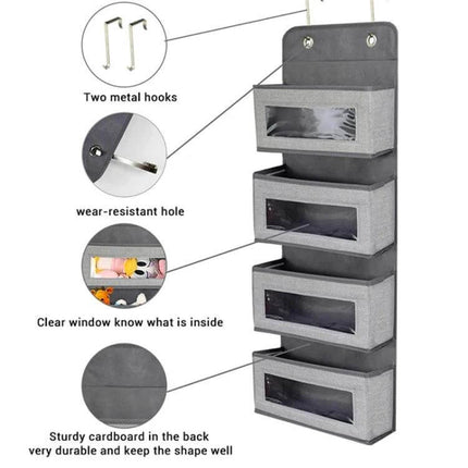 Wall-Mounted Fabric Storage Bag For Wardrobe Doors Gray 4-Grids hanging organizer with four clear-window fabric bins and metal hooks